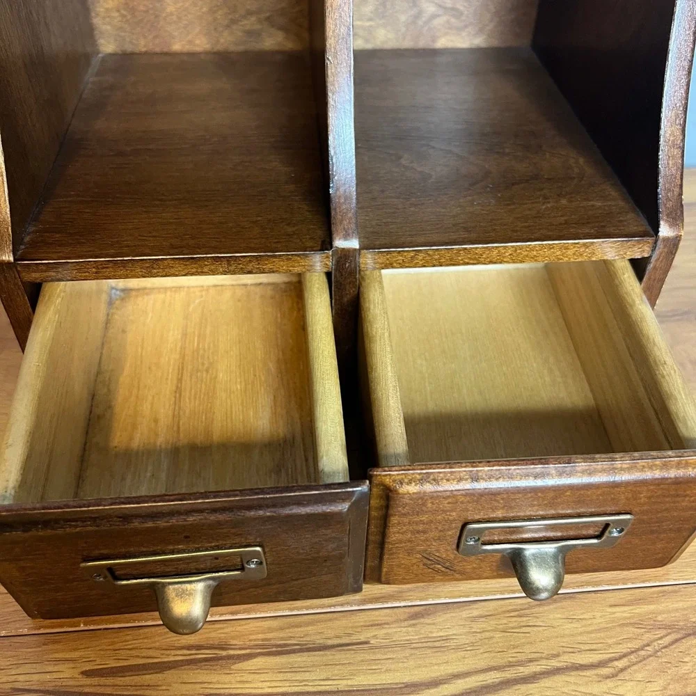 Vintage‎ 2 Drawer Desktop Organizer w/ File Drawers Wooden Library Rustic 10.25